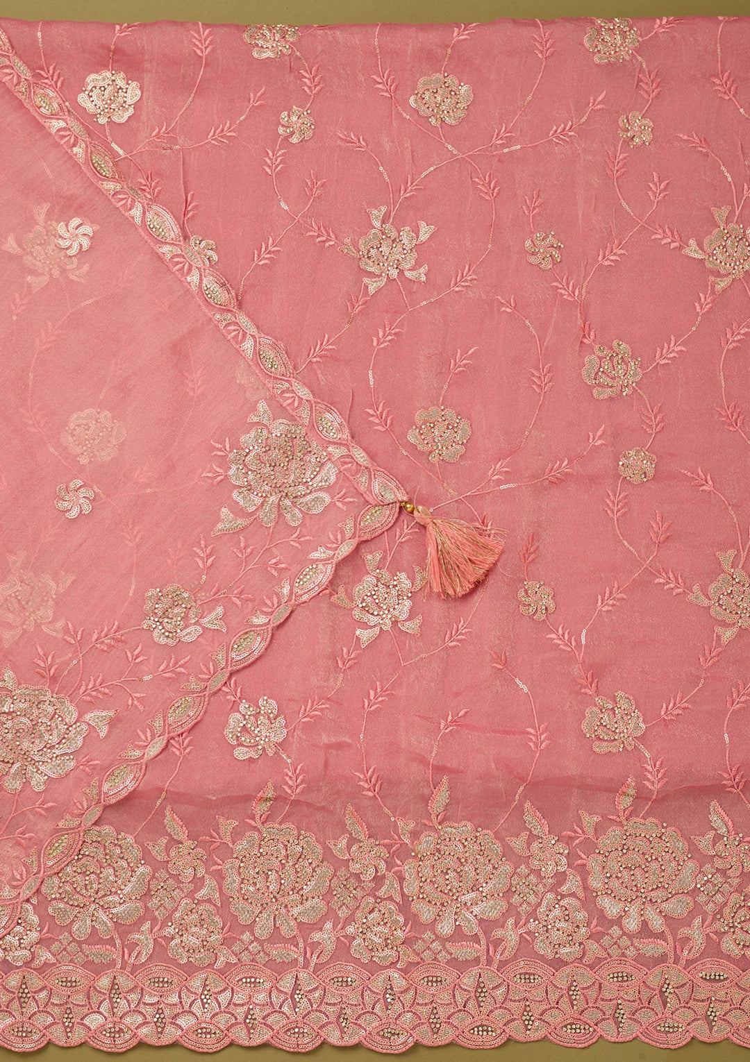 Pink Organza Gold Zariwork Unstitched Dress Material With Matching Bottom And Dupatta