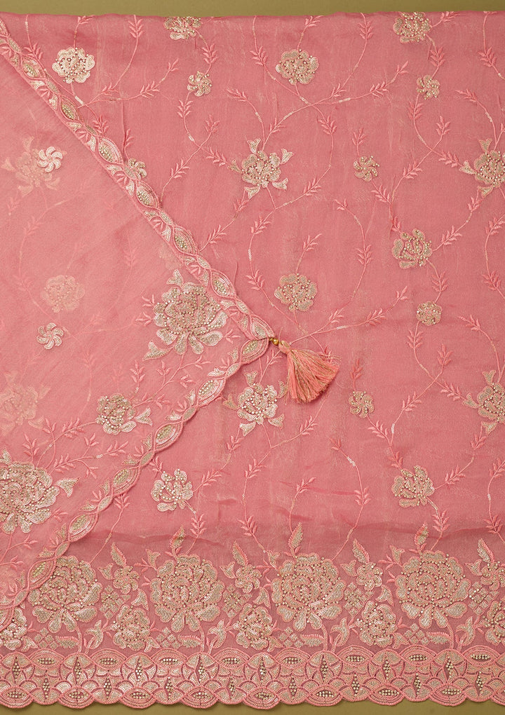 Pink Organza Gold Zariwork Unstitched Dress Material With Matching Bottom And Dupatta