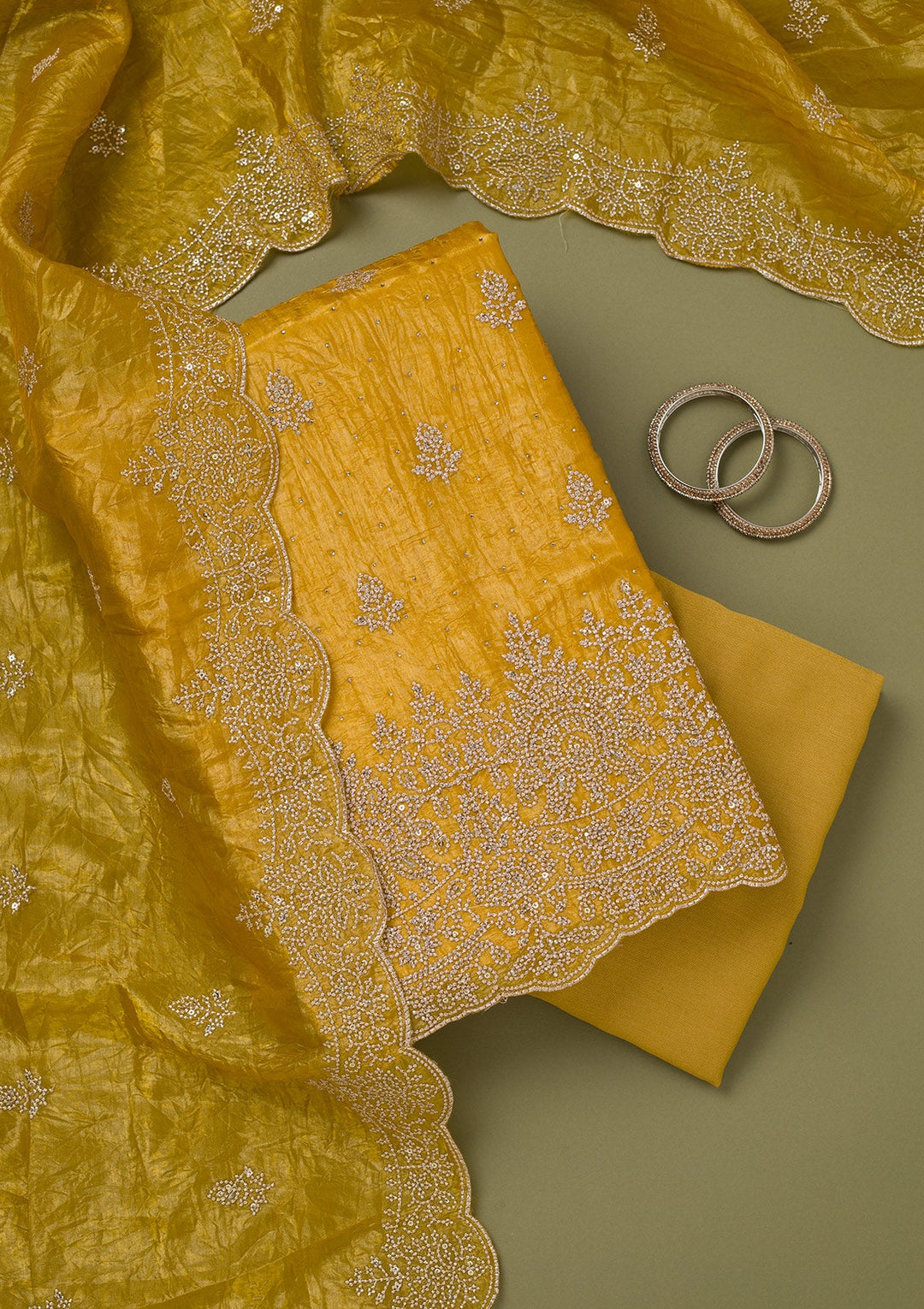 Mustard Threadwork Tissue Unstitched Salwar Suit-koskii