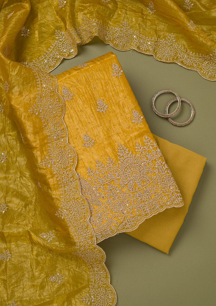 Mustard Threadwork Tissue Unstitched Salwar Suit-koskii