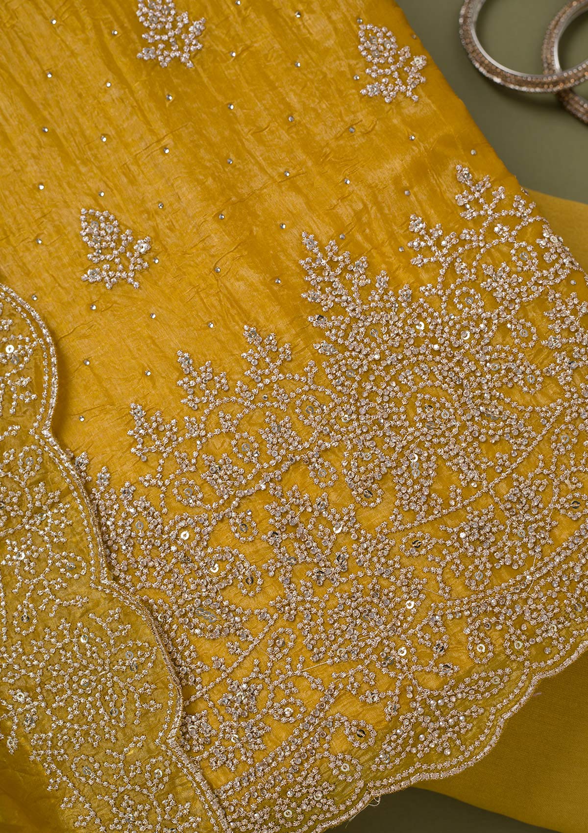 Mustard Threadwork Tissue Unstitched Salwar Suit-koskii