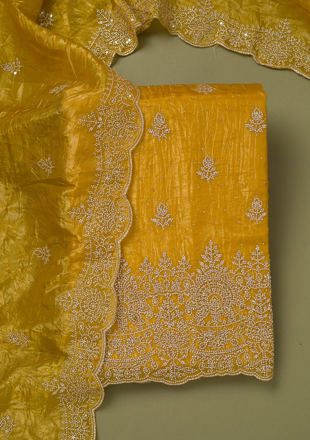 Mustard Threadwork Tissue Unstitched Salwar Suit-koskii