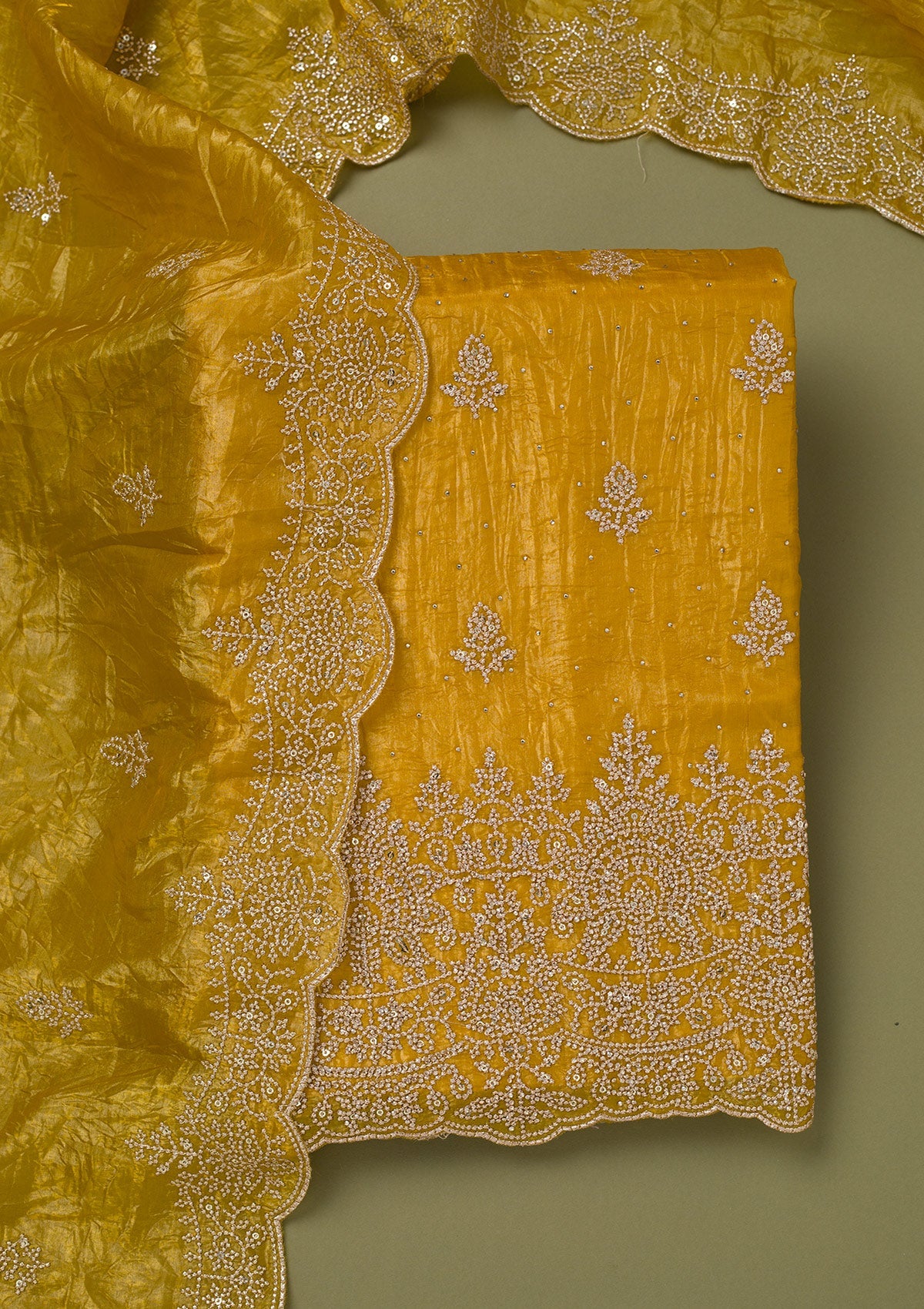 Mustard Threadwork Tissue Unstitched Salwar Suit-koskii