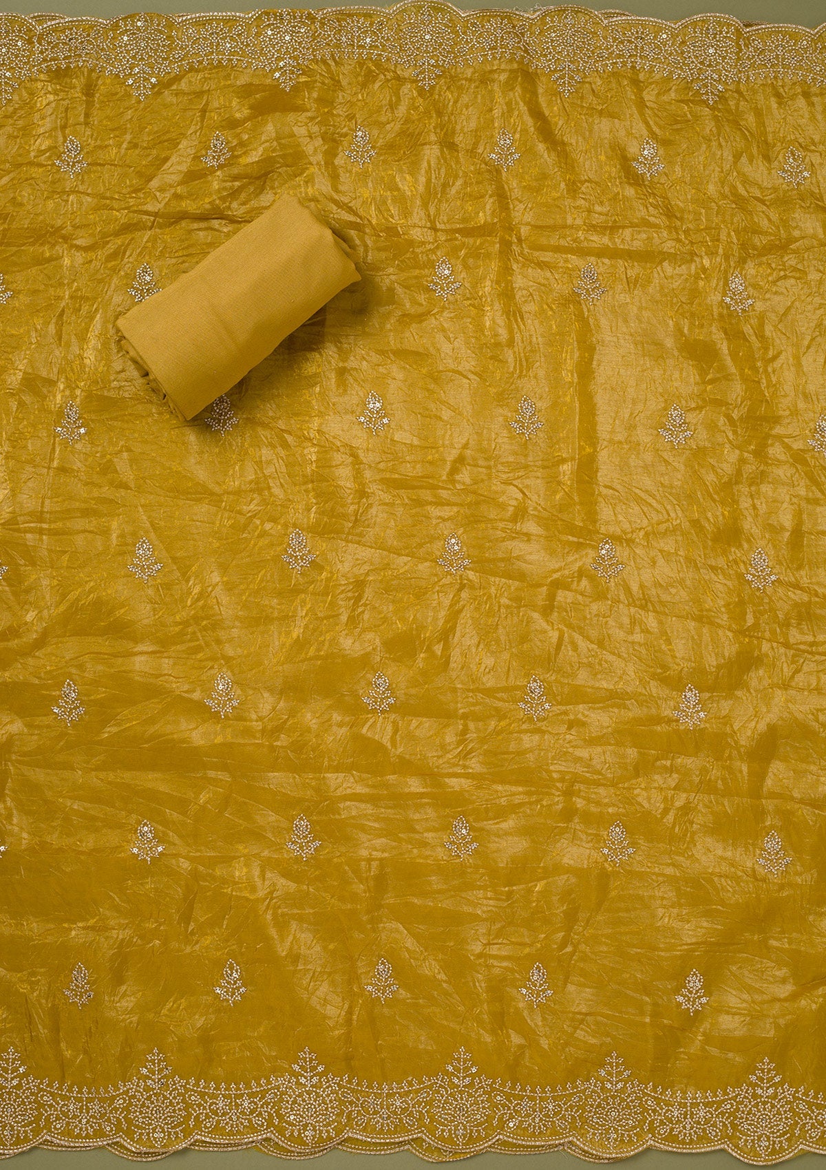 Mustard Threadwork Tissue Unstitched Salwar Suit-koskii