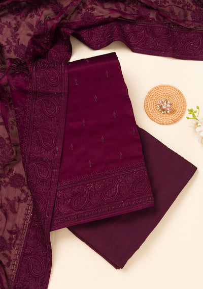 Wine Swarovski Semi Crepe Unstitched Salwar Suit-Koskii