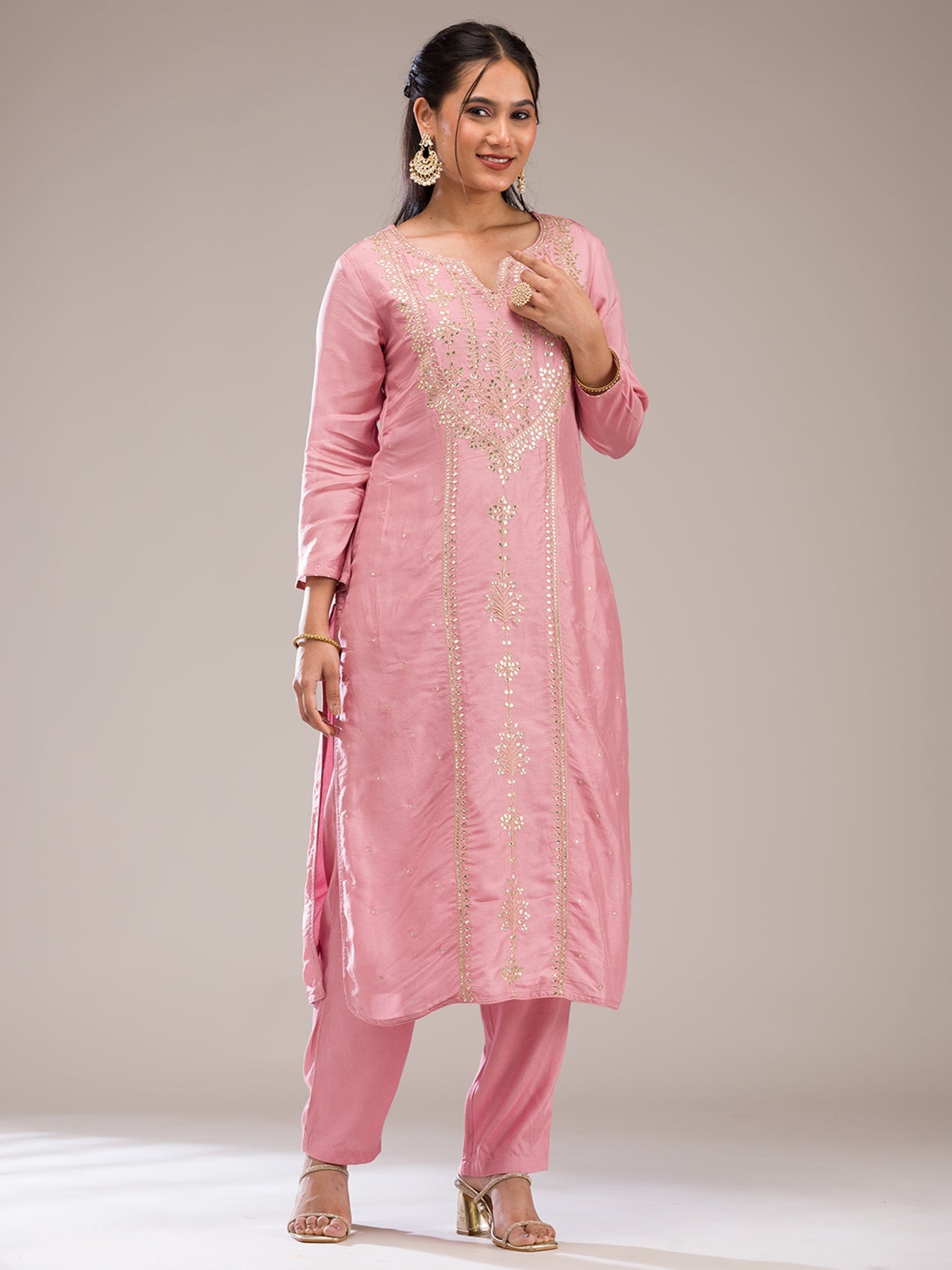 Baby Pink Gotapatti Semi Crepe Readymade Salwar Suit-Koskii