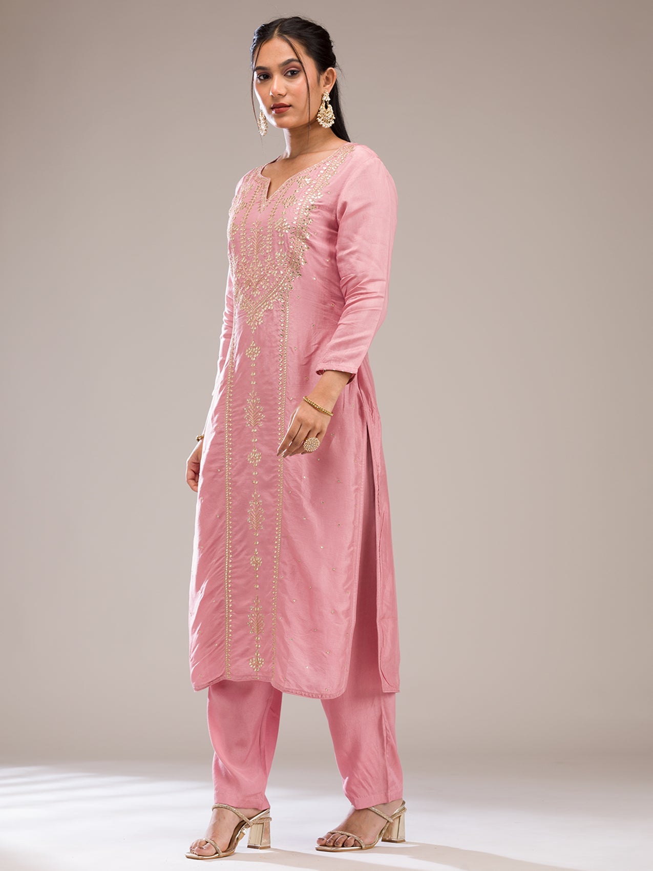 Baby Pink Gotapatti Semi Crepe Readymade Salwar Suit-Koskii