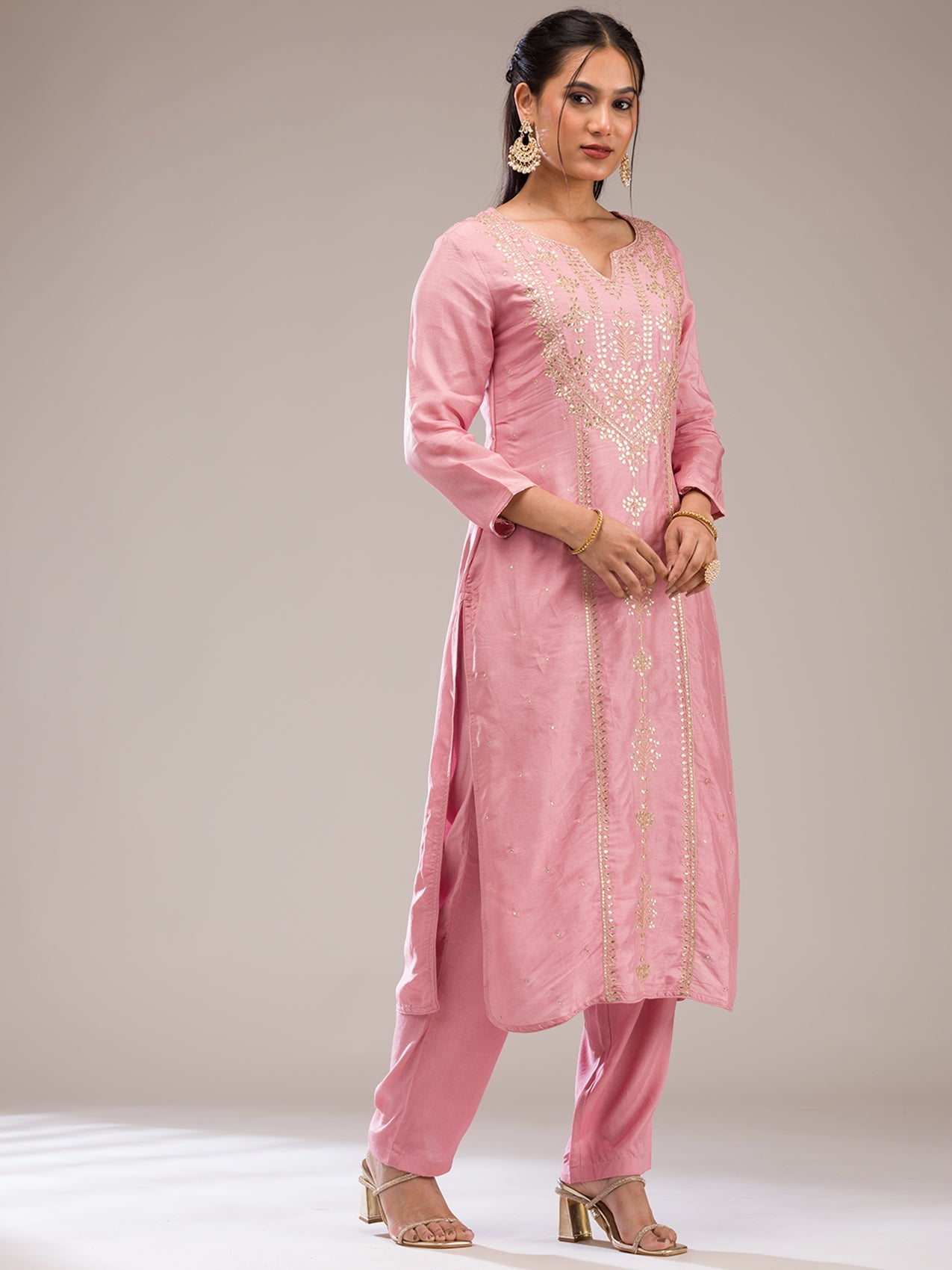 Baby Pink Gotapatti Semi Crepe Readymade Salwar Suit-Koskii