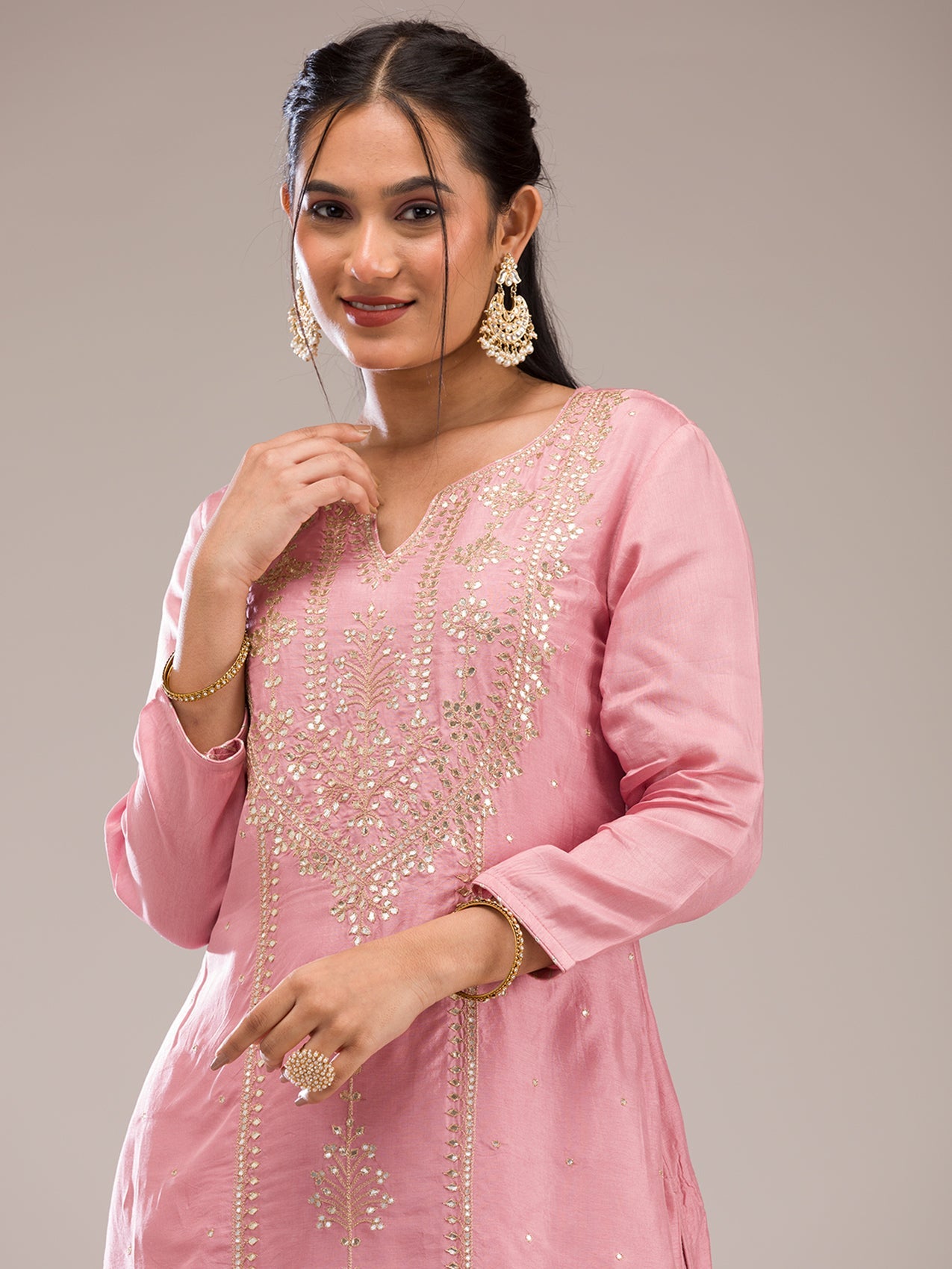 Baby Pink Gotapatti Semi Crepe Readymade Salwar Suit-Koskii