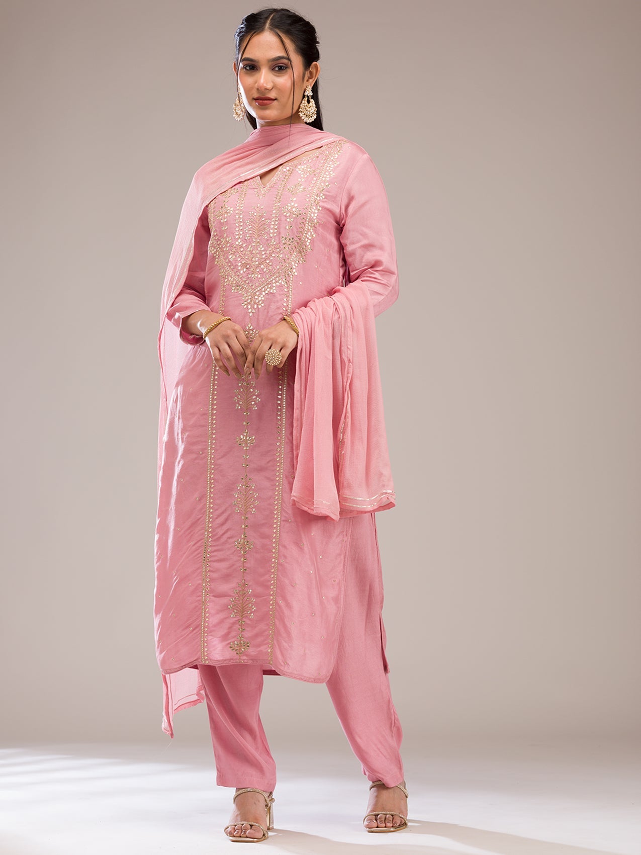 Baby Pink Gotapatti Semi Crepe Readymade Salwar Suit-Koskii