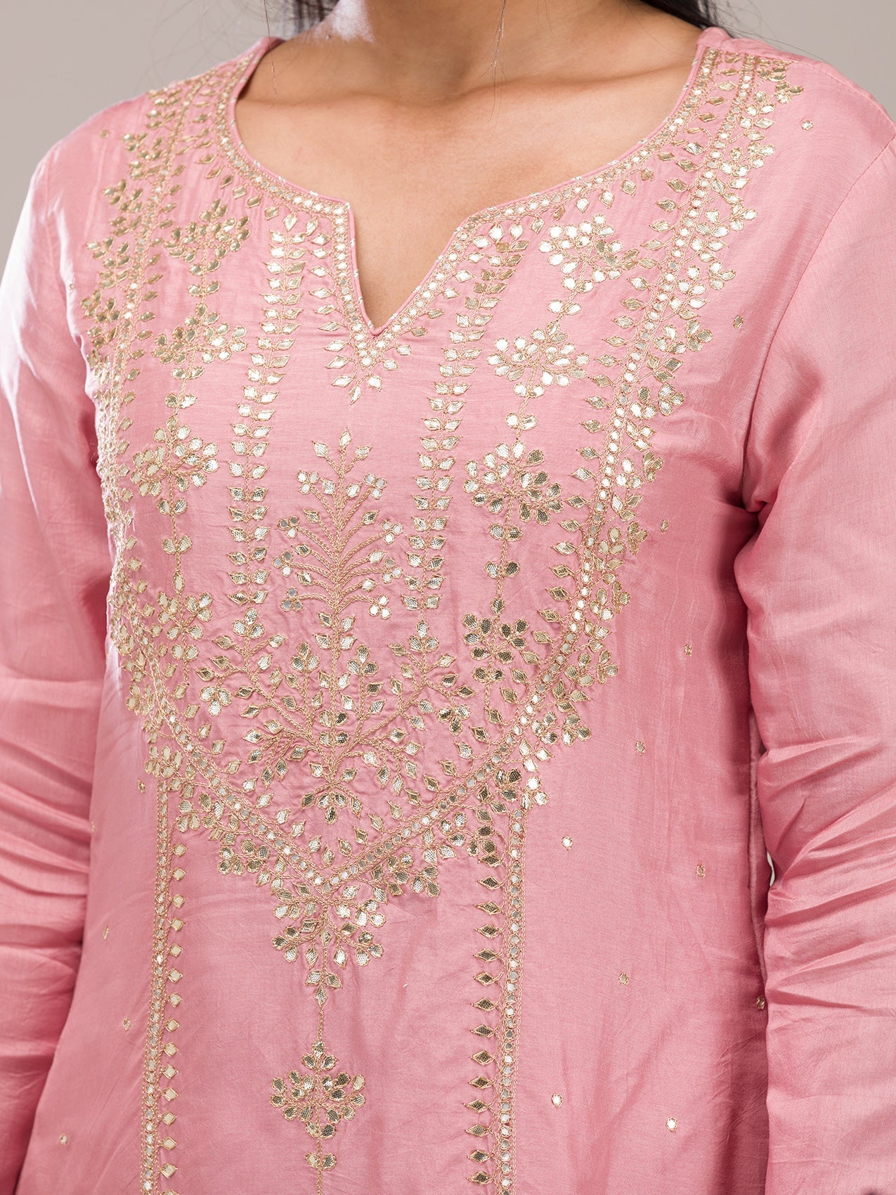 Baby Pink Gotapatti Semi Crepe Readymade Salwar Suit-Koskii