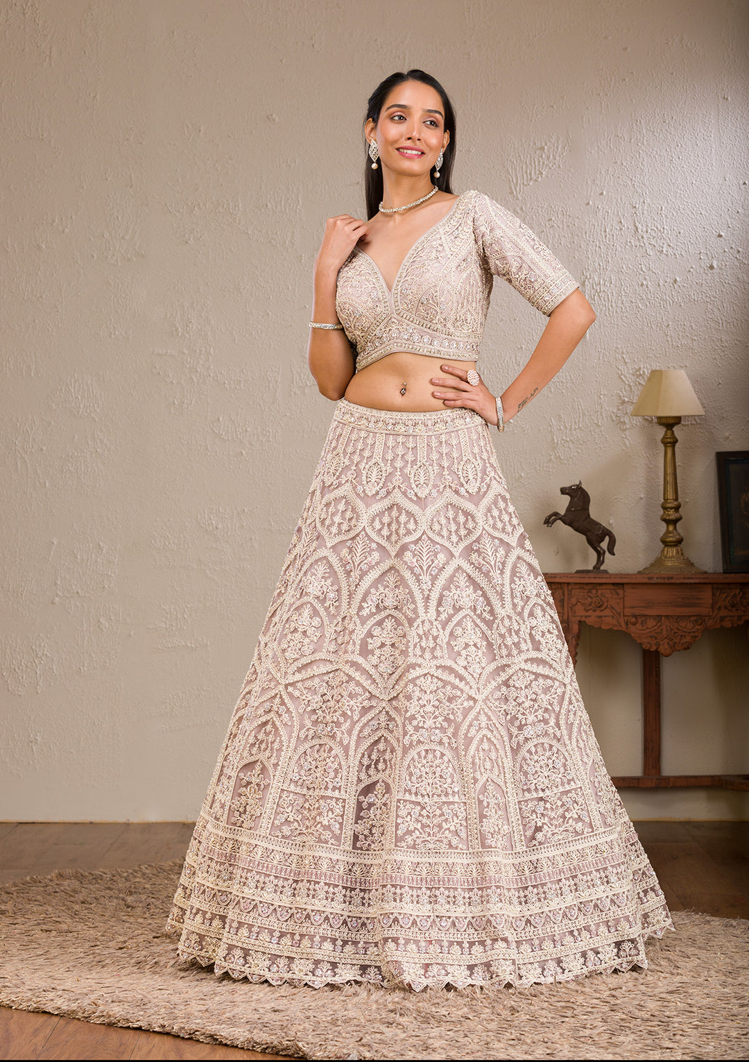 Baby Pink Pearlwork Net Readymade Lehenga
