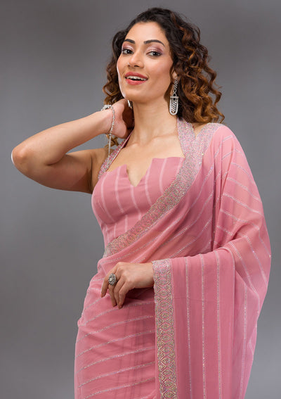 Baby Pink Stonework Georgette Saree-Koskii