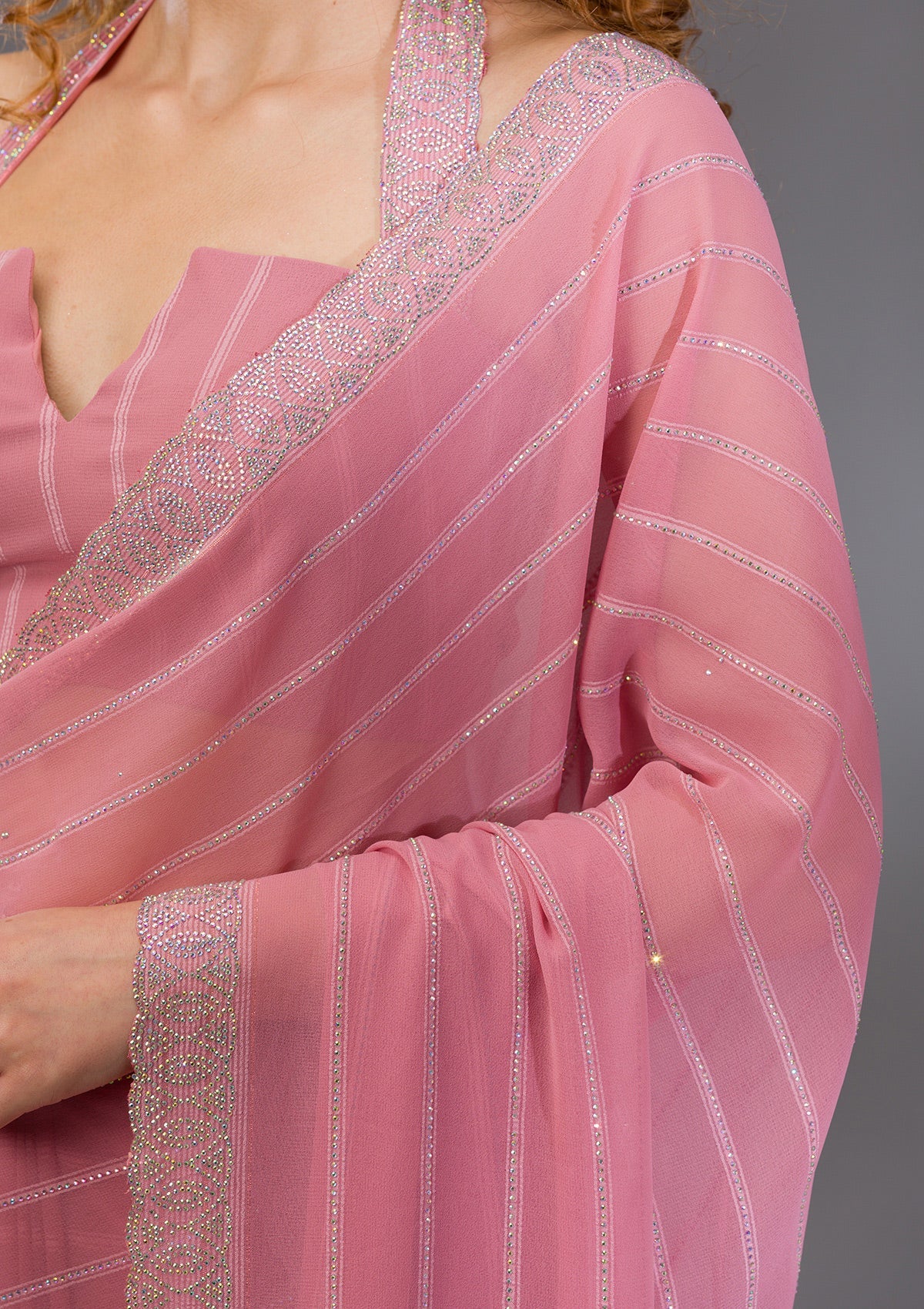 Baby Pink Stonework Georgette Saree-Koskii