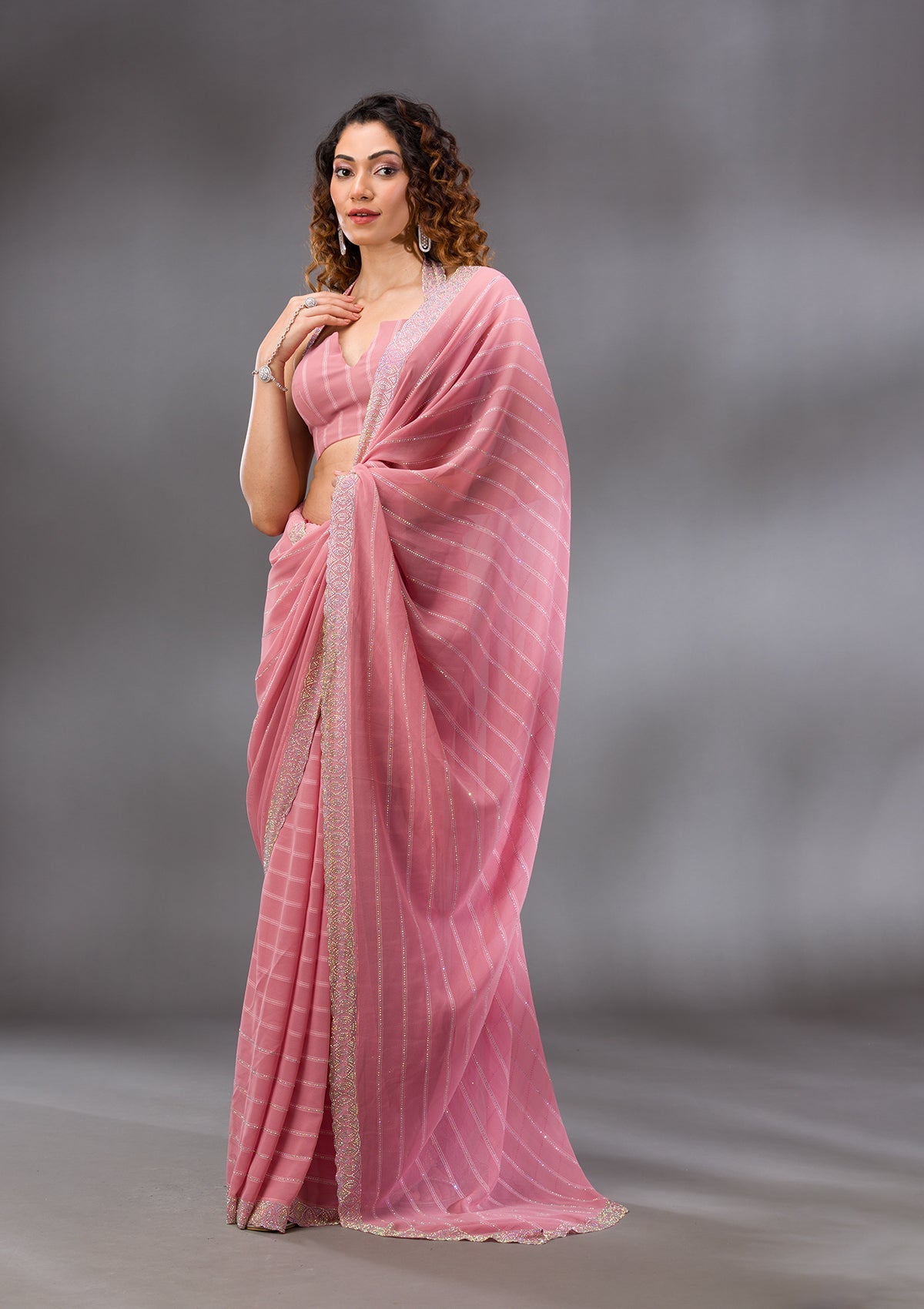 Baby Pink Stonework Georgette Saree-Koskii