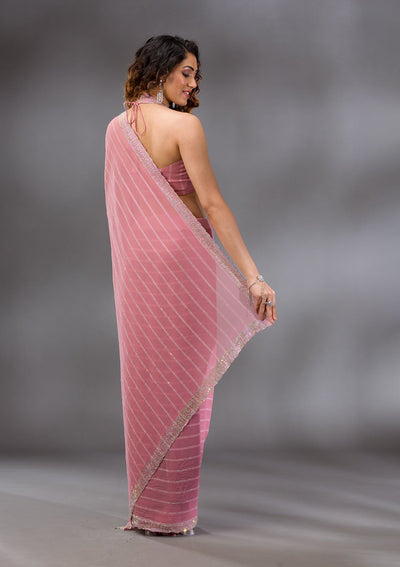 Baby Pink Stonework Georgette Saree-Koskii