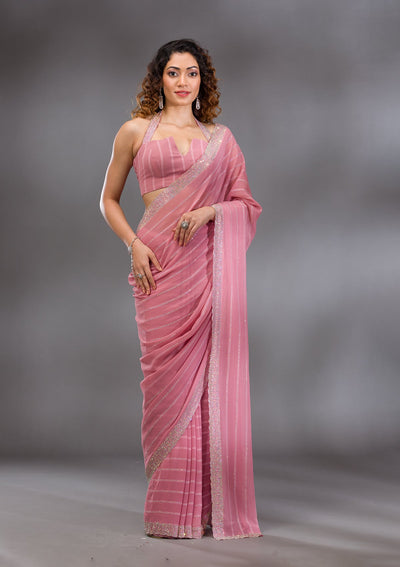 Baby Pink Stonework Georgette Saree-Koskii