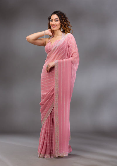 Baby Pink Stonework Georgette Saree-Koskii