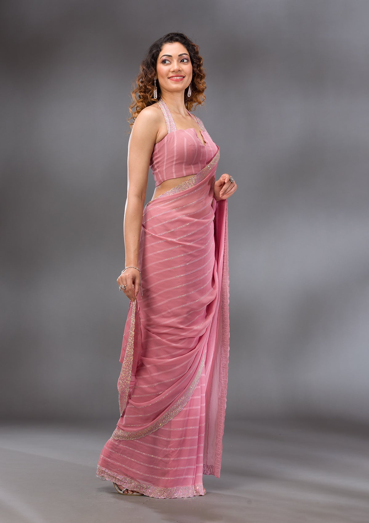 Baby Pink Stonework Georgette Saree-Koskii