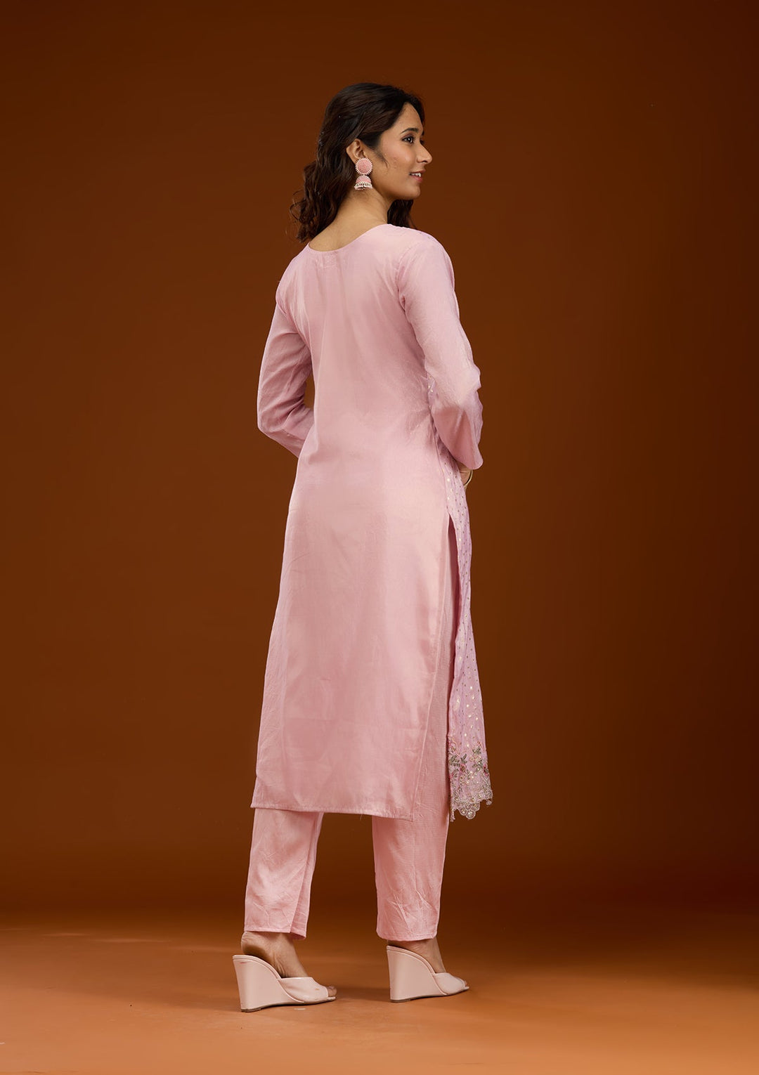 Baby Pink Threadwork Semi Crepe Readymade Salwar Suit-Koskii