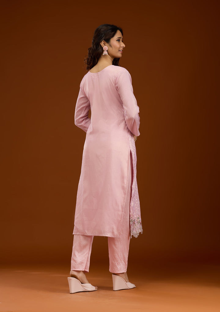 Baby Pink Threadwork Semi Crepe Readymade Salwar Suit-Koskii
