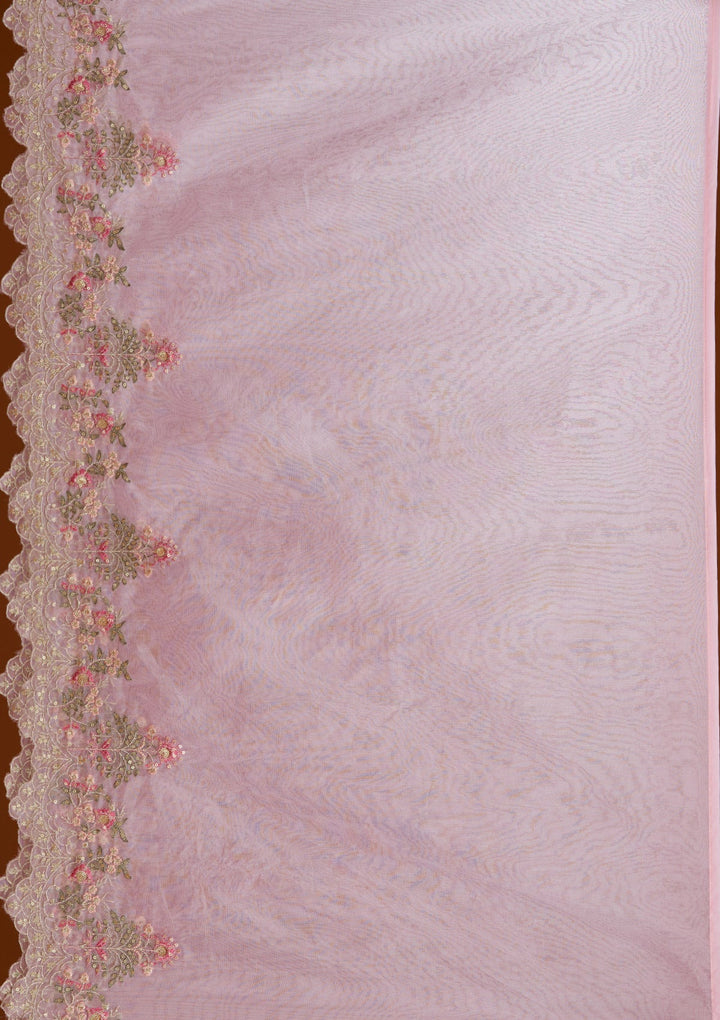 Baby Pink Threadwork Semi Crepe Readymade Salwar Suit-Koskii