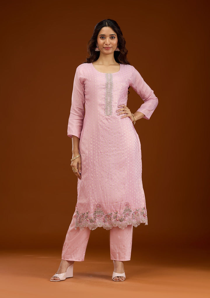 Baby Pink Threadwork Semi Crepe Readymade Salwar Suit-Koskii