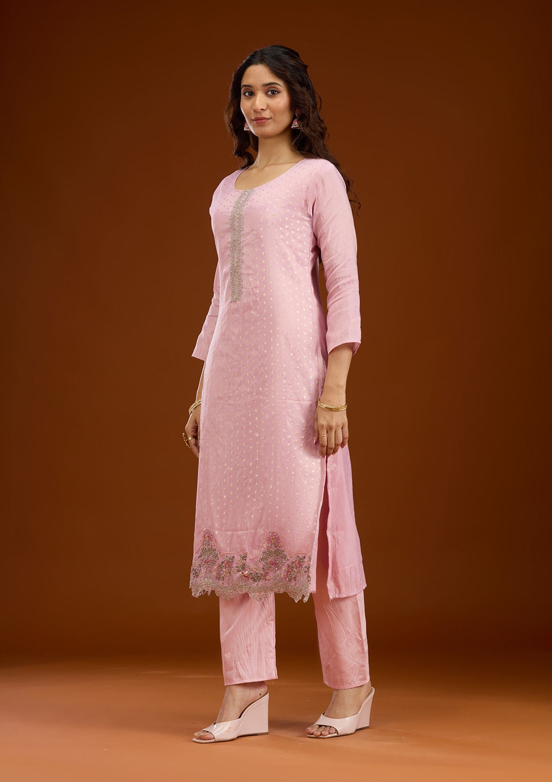 Baby Pink Threadwork Semi Crepe Readymade Salwar Suit-Koskii