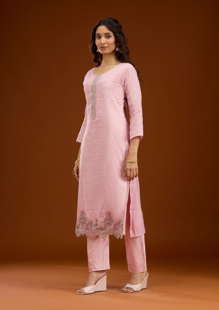 Baby Pink Threadwork Semi Crepe Readymade Salwar Suit-Koskii
