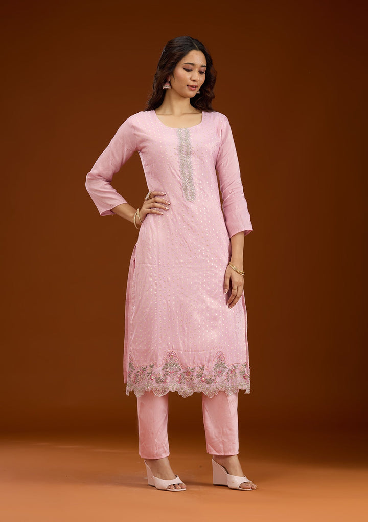 Baby Pink Threadwork Semi Crepe Readymade Salwar Suit-Koskii
