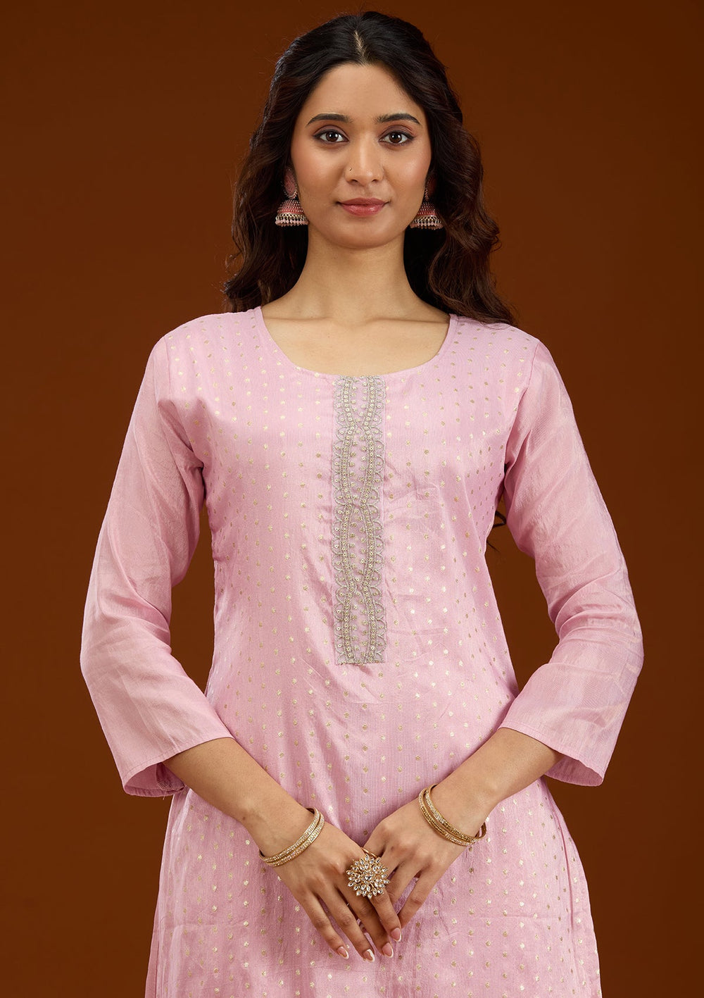 Baby Pink Threadwork Semi Crepe Readymade Salwar Suit-Koskii