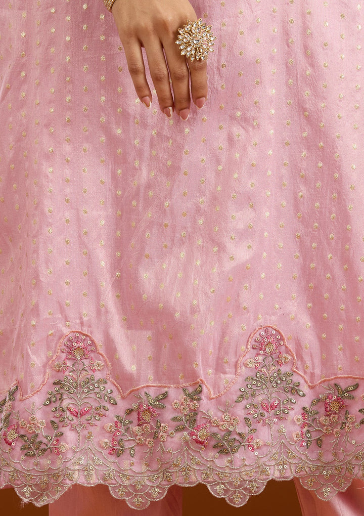 Baby Pink Threadwork Semi Crepe Readymade Salwar Suit-Koskii
