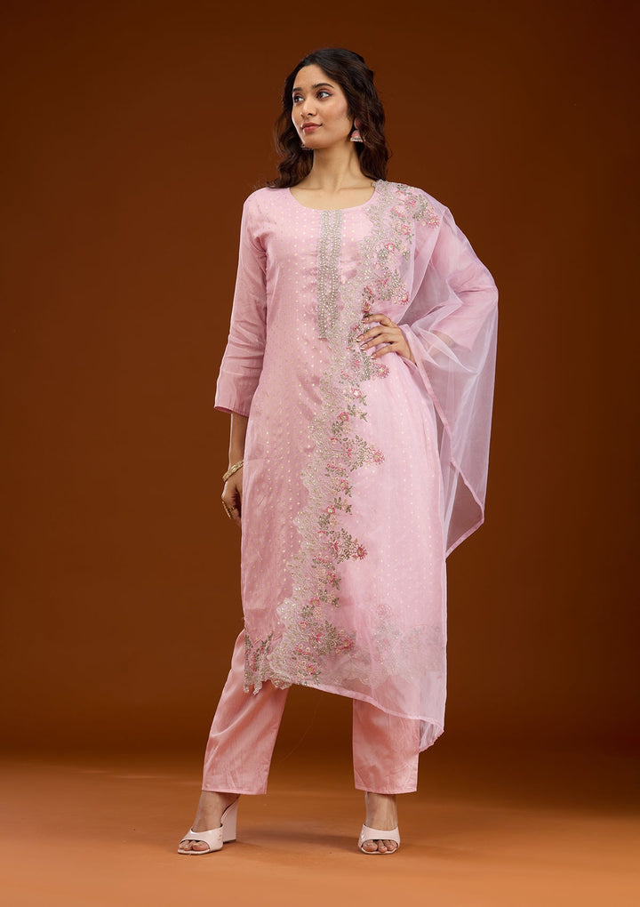 Baby Pink Threadwork Semi Crepe Readymade Salwar Suit-Koskii