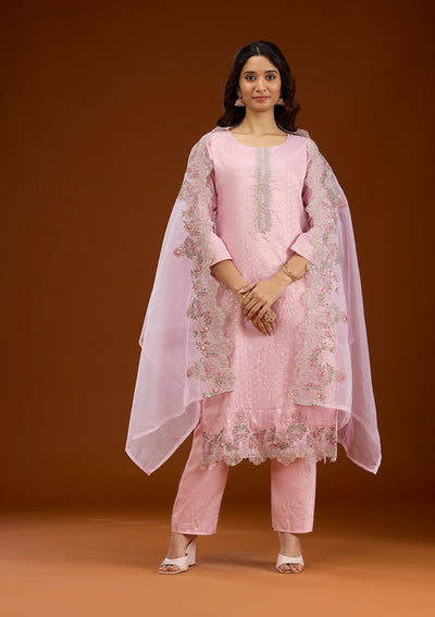 Baby Pink Threadwork Semi Crepe Readymade Salwar Suit-Koskii