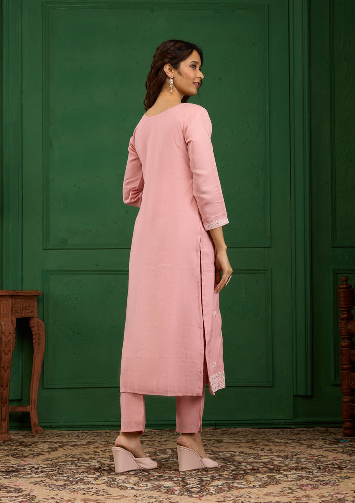 Baby Pink Threadwork Semi Crepe Readymade Salwar Suit-Koskii