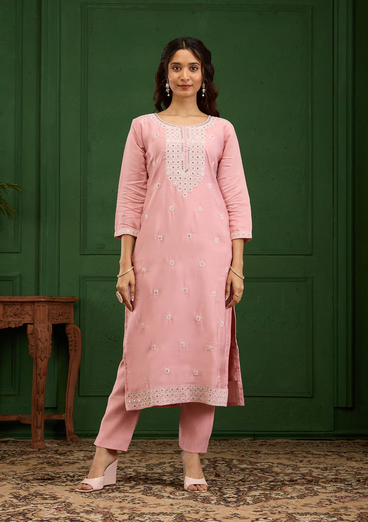Baby Pink Threadwork Semi Crepe Readymade Salwar Suit-Koskii