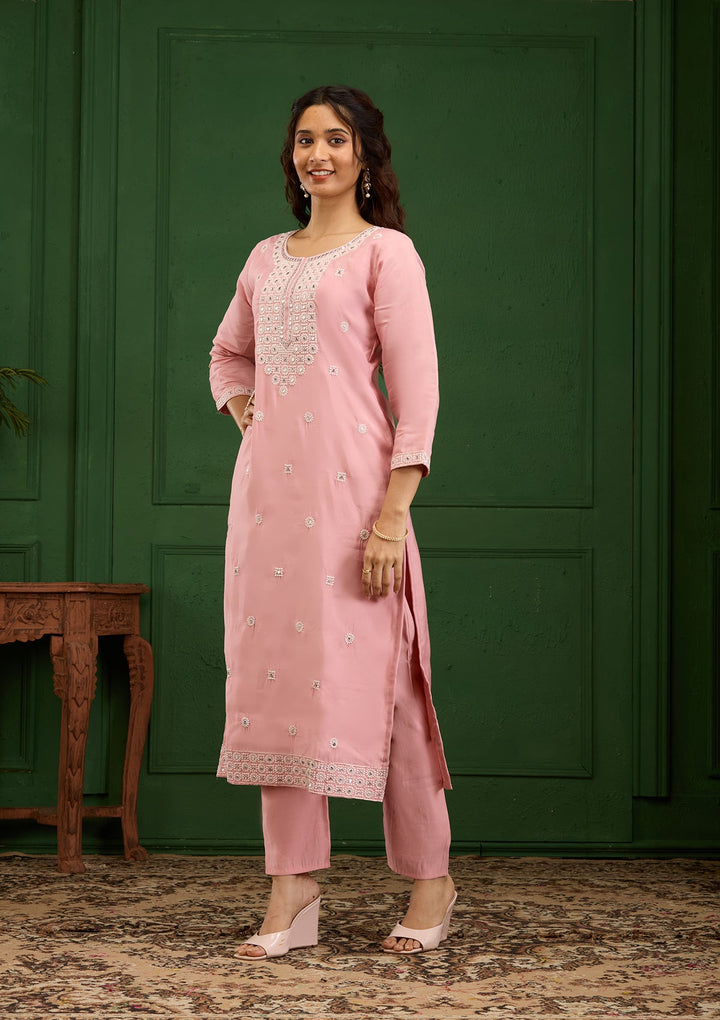 Baby Pink Threadwork Semi Crepe Readymade Salwar Suit-Koskii
