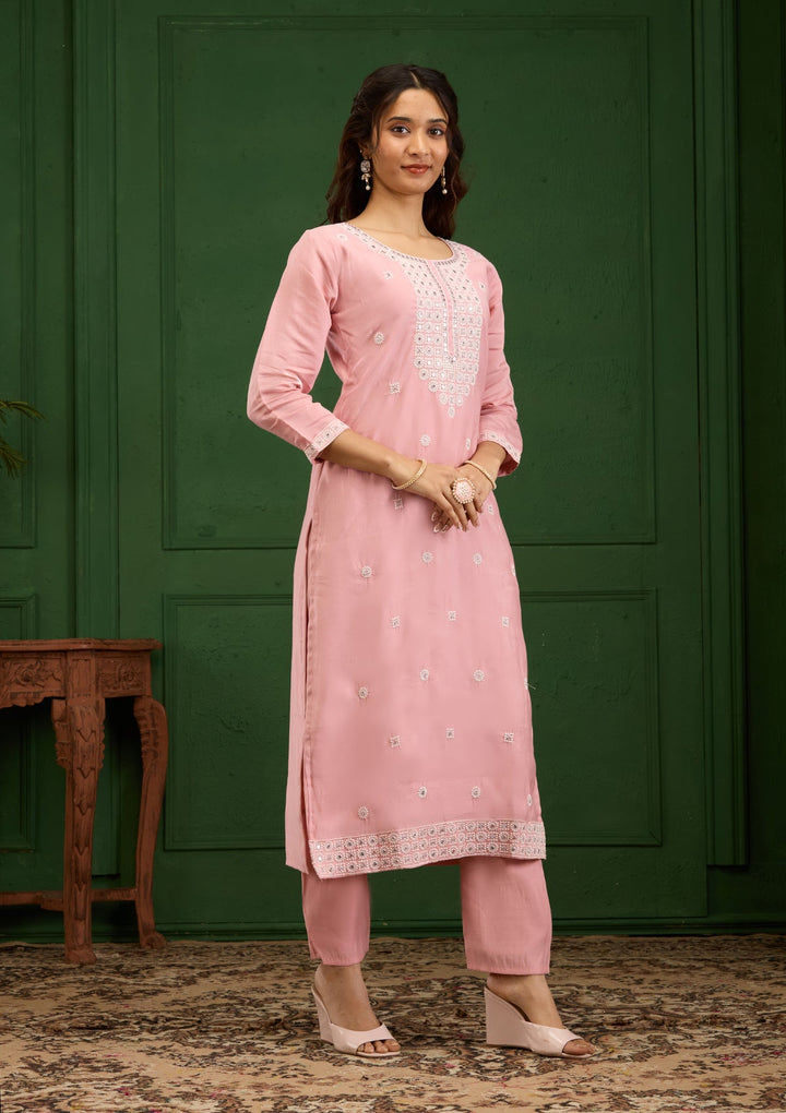 Baby Pink Threadwork Semi Crepe Readymade Salwar Suit-Koskii