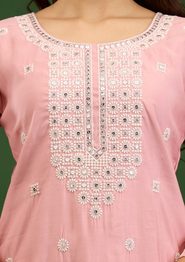 Baby Pink Threadwork Semi Crepe Readymade Salwar Suit-Koskii