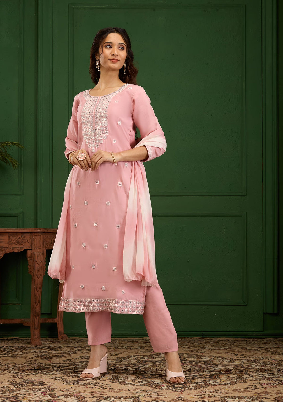 Baby Pink Threadwork Semi Crepe Readymade Salwar Suit-Koskii