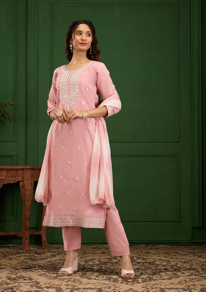 Baby Pink Threadwork Semi Crepe Readymade Salwar Suit-Koskii