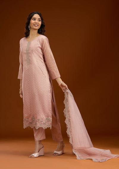 Baby Pink Threadwork Tissue Readymade Salwar Suit-Koskii