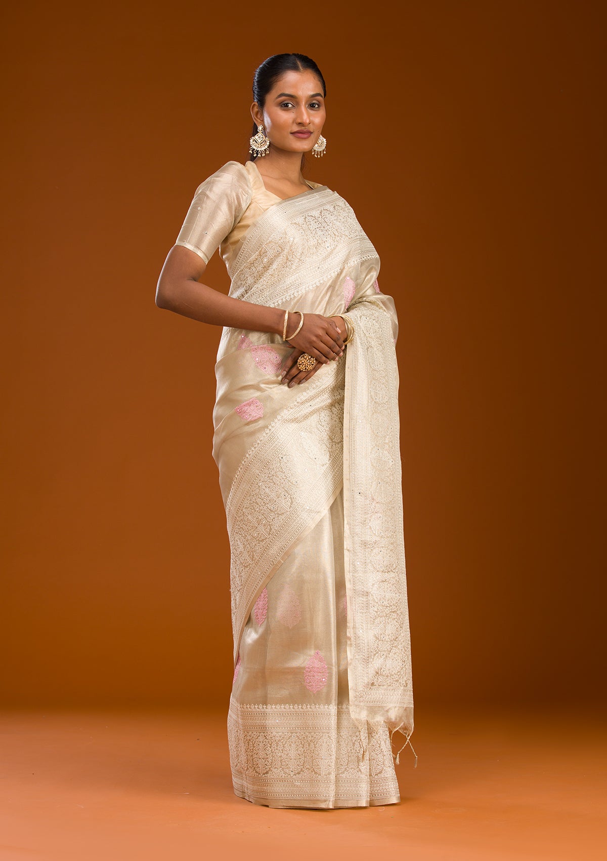 Baby Pink Threadwork Tissue Saree