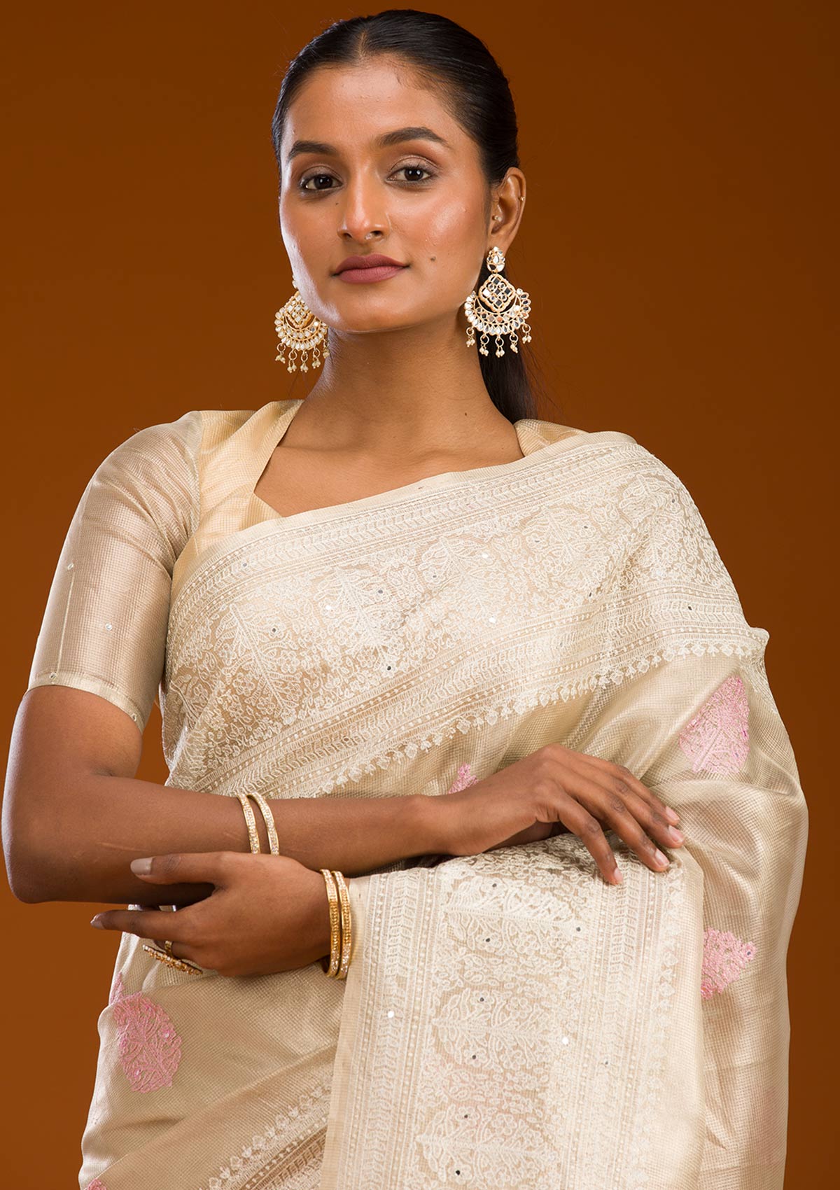 Baby Pink Threadwork Tissue Saree