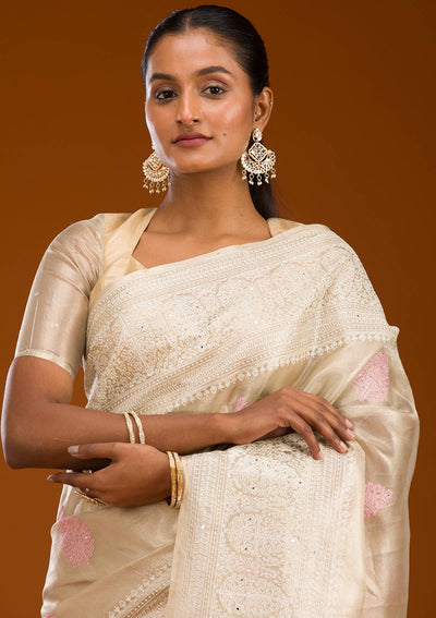 Baby Pink Threadwork Tissue Saree