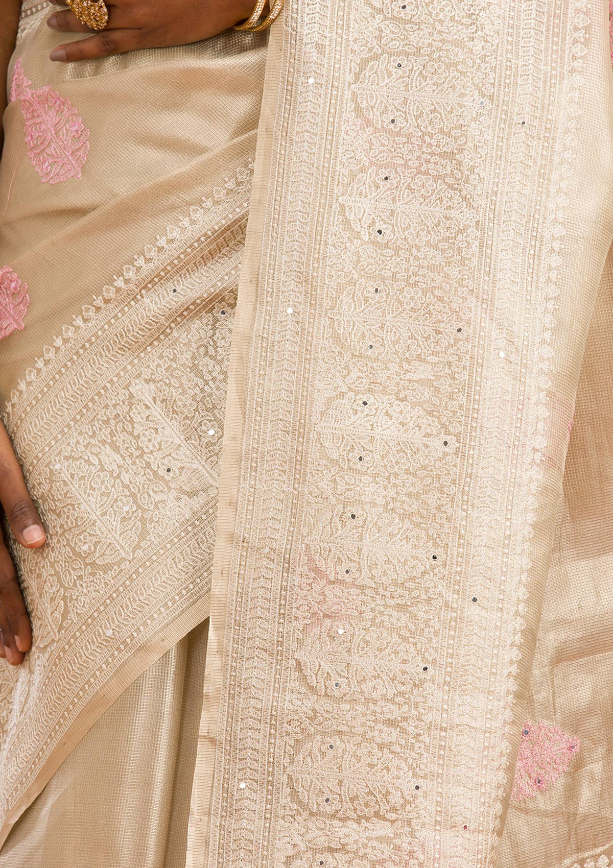 Baby Pink Threadwork Tissue Saree