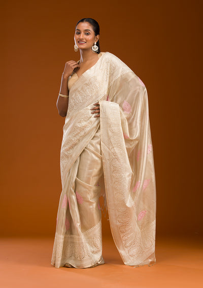 Baby Pink Threadwork Tissue Saree