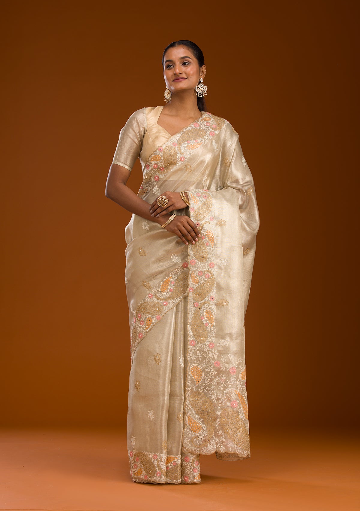 Baby Pink Threadwork Tissue Saree