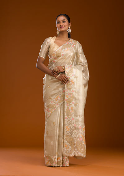 Baby Pink Threadwork Tissue Saree