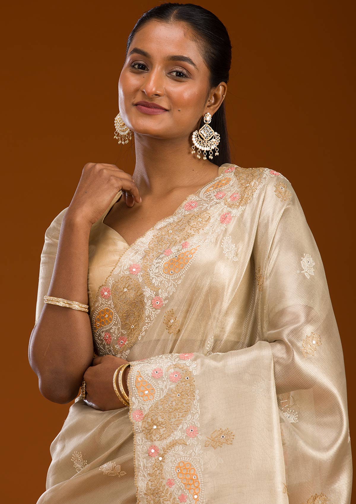 Baby Pink Threadwork Tissue Saree